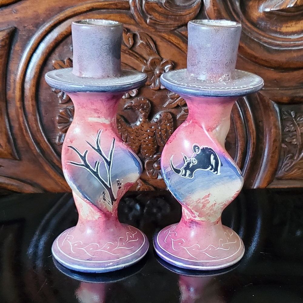 Pair 6" African Hand Carved & Etched Stone Candlesticks Depicting Rhinos & Trees